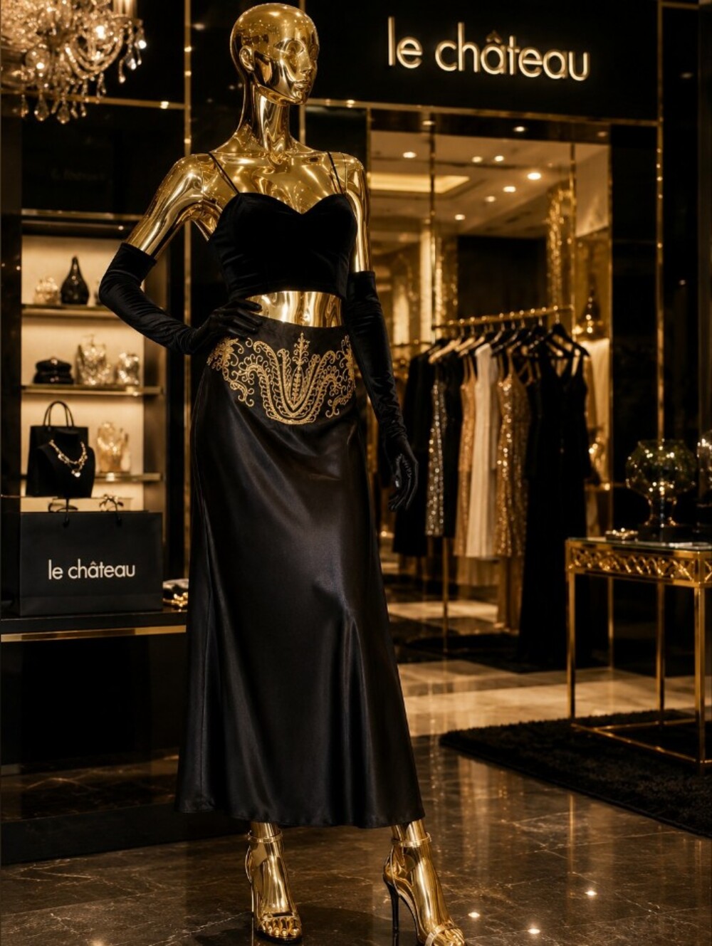 RARE le chateau Black A-Line Satin Skirt with Gold Embellishment